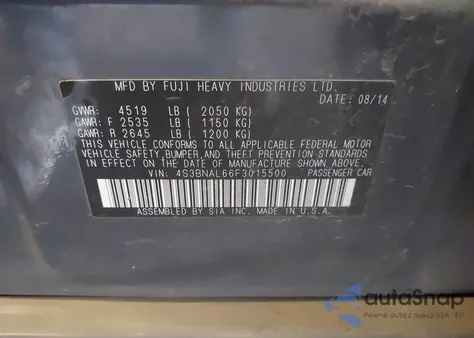 2015 Subaru Legacy 2.5I Limited from USA, damaged, VIN 4S3BNAL66F3015500